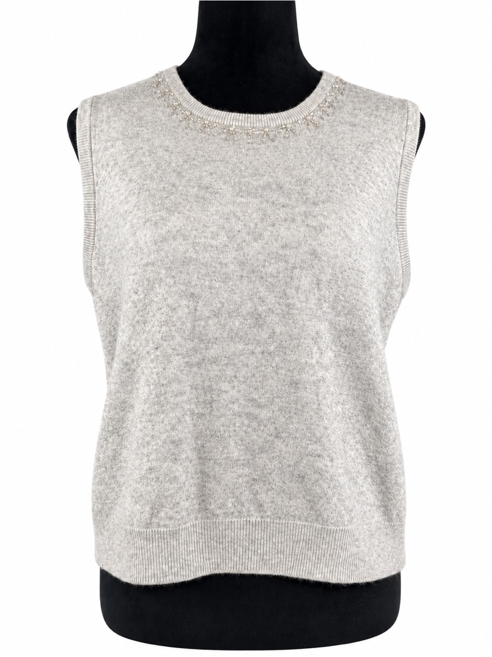 George Beaded Lambswool Blend Sweater Vest Gray Crew Neck Plus Size 18W / 20W